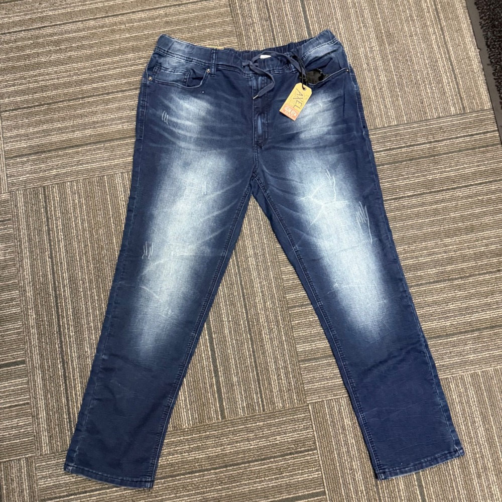 TK Axel Men 36 Regular Slim Gym Pant Blue Distressed Elastic Waist Jogger Jeans